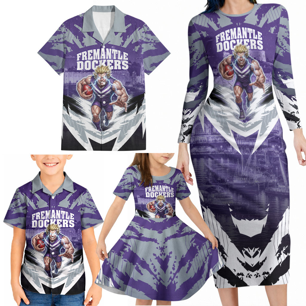 Personalised Fremantle Dockers Football Family Matching Long Sleeve Bodycon Dress and Hawaiian Shirt Anime Warrior Manga Style Lightning Bolt Cityscape