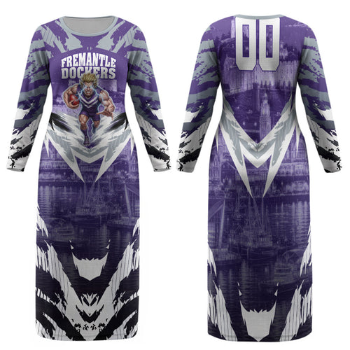 Personalised Fremantle Dockers Football Family Matching Long Sleeve Bodycon Dress and Hawaiian Shirt Anime Warrior Manga Style Lightning Bolt Cityscape