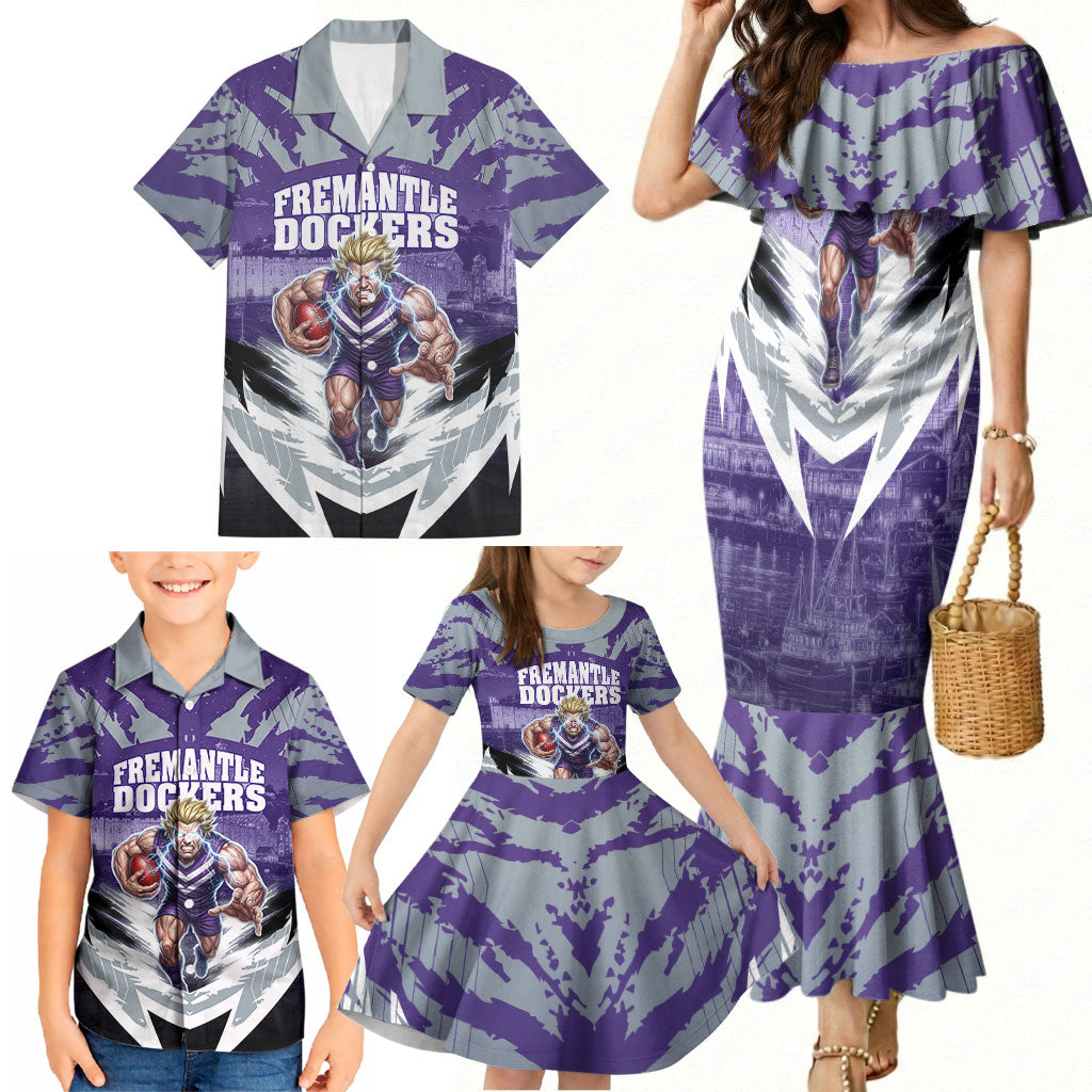 Personalised Fremantle Dockers Football Family Matching Mermaid Dress and Hawaiian Shirt Anime Warrior Manga Style Lightning Bolt Cityscape