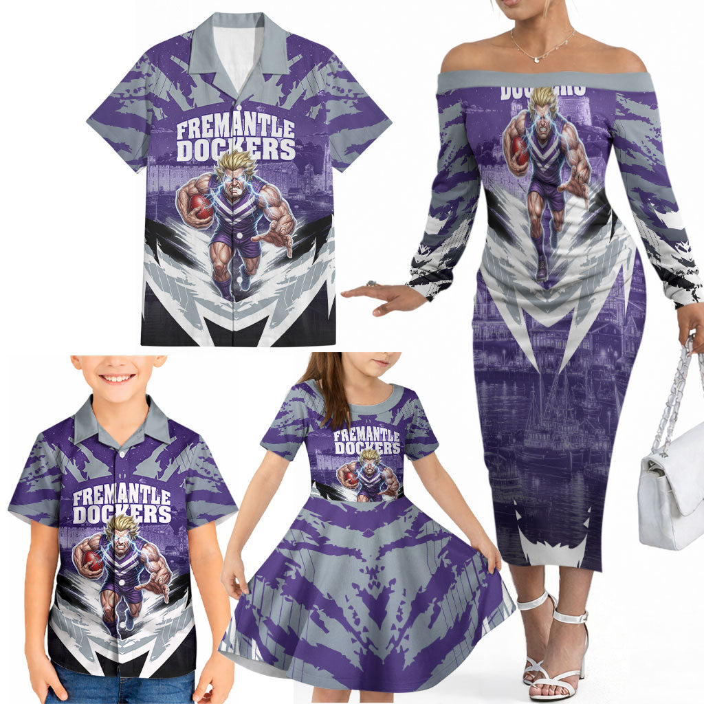 Personalised Fremantle Dockers Football Family Matching Off The Shoulder Long Sleeve Dress and Hawaiian Shirt Anime Warrior Manga Style Lightning Bolt Cityscape