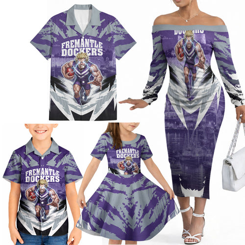 Personalised Fremantle Dockers Football Family Matching Off The Shoulder Long Sleeve Dress and Hawaiian Shirt Anime Warrior Manga Style Lightning Bolt Cityscape