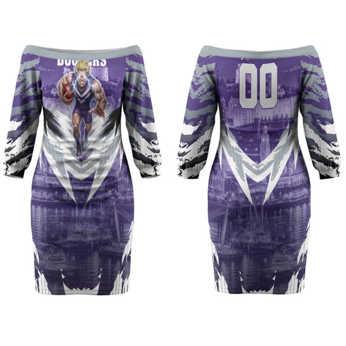 Personalised Fremantle Dockers Football Family Matching Off The Shoulder Long Sleeve Dress and Hawaiian Shirt Anime Warrior Manga Style Lightning Bolt Cityscape