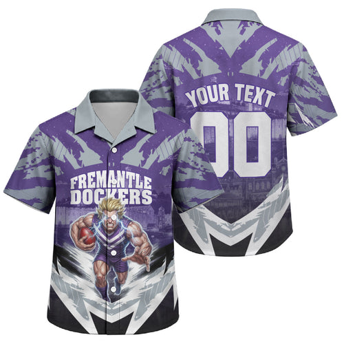 Personalised Fremantle Dockers Football Family Matching Off The Shoulder Long Sleeve Dress and Hawaiian Shirt Anime Warrior Manga Style Lightning Bolt Cityscape