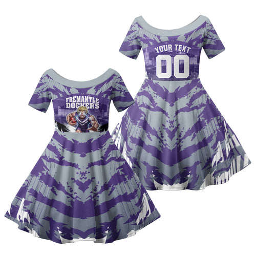 Personalised Fremantle Dockers Football Family Matching Off Shoulder Maxi Dress and Hawaiian Shirt Anime Warrior Manga Style Lightning Bolt Cityscape