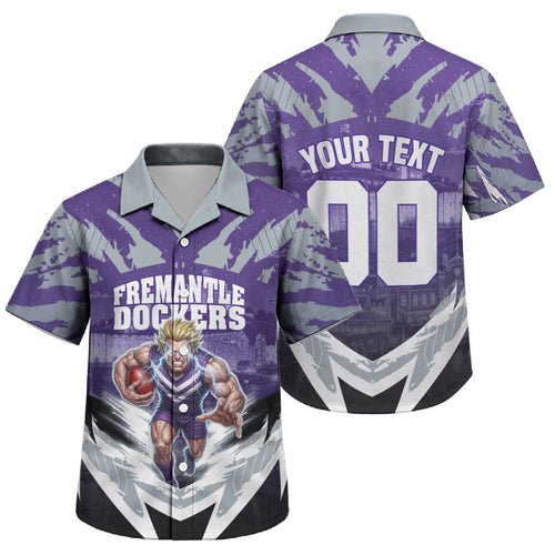 Personalised Fremantle Dockers Football Family Matching Off Shoulder Maxi Dress and Hawaiian Shirt Anime Warrior Manga Style Lightning Bolt Cityscape