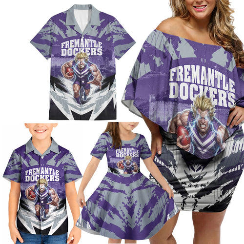 Personalised Fremantle Dockers Football Family Matching Off Shoulder Short Dress and Hawaiian Shirt Anime Warrior Manga Style Lightning Bolt Cityscape