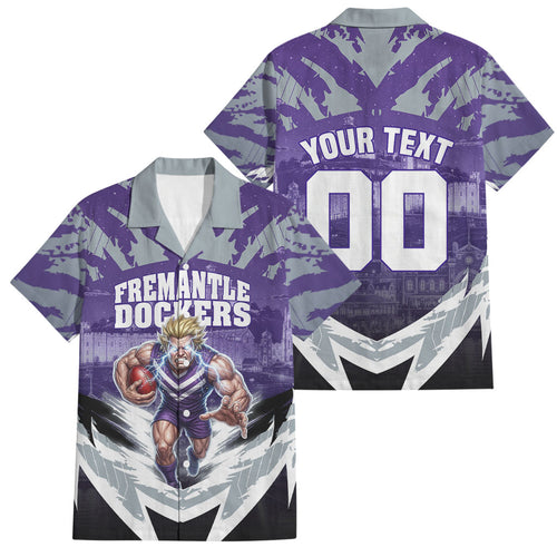 Personalised Fremantle Dockers Football Family Matching Off Shoulder Short Dress and Hawaiian Shirt Anime Warrior Manga Style Lightning Bolt Cityscape