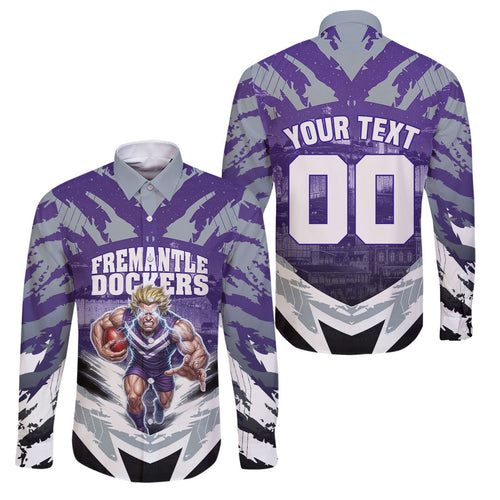 Personalised Fremantle Dockers Football Family Matching Off Shoulder Short Dress and Hawaiian Shirt Anime Warrior Manga Style Lightning Bolt Cityscape