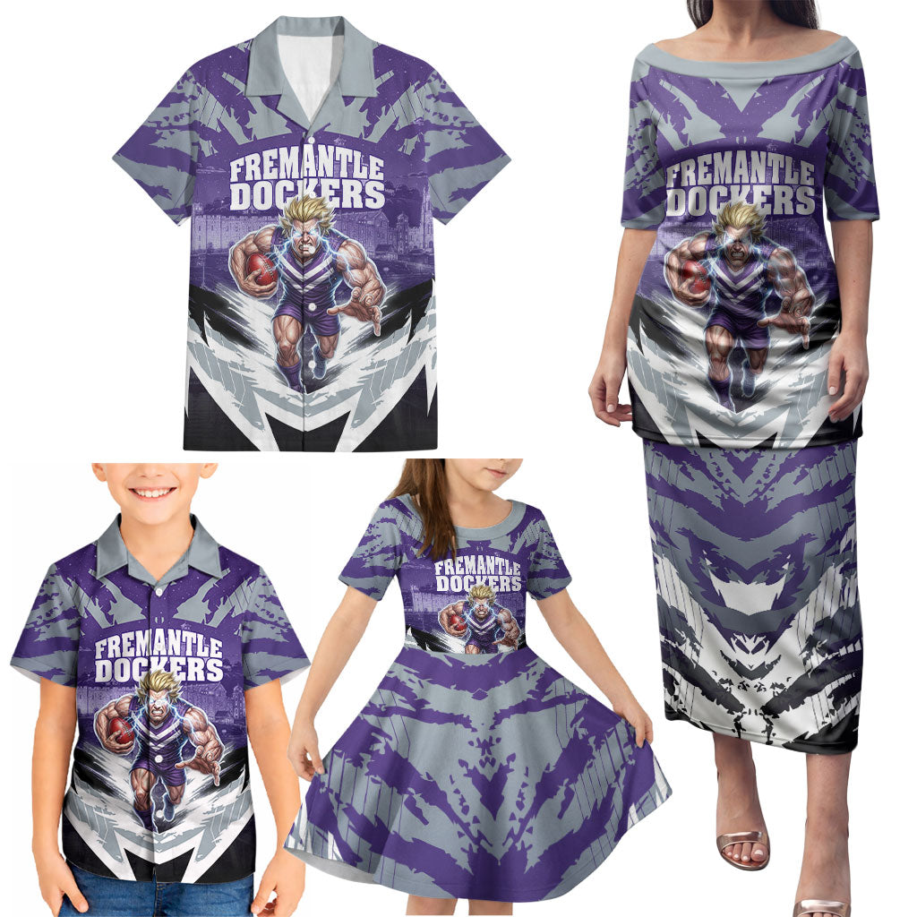 Personalised Fremantle Dockers Football Family Matching Puletasi and Hawaiian Shirt Anime Warrior Manga Style Lightning Bolt Cityscape