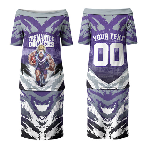 Personalised Fremantle Dockers Football Family Matching Puletasi and Hawaiian Shirt Anime Warrior Manga Style Lightning Bolt Cityscape