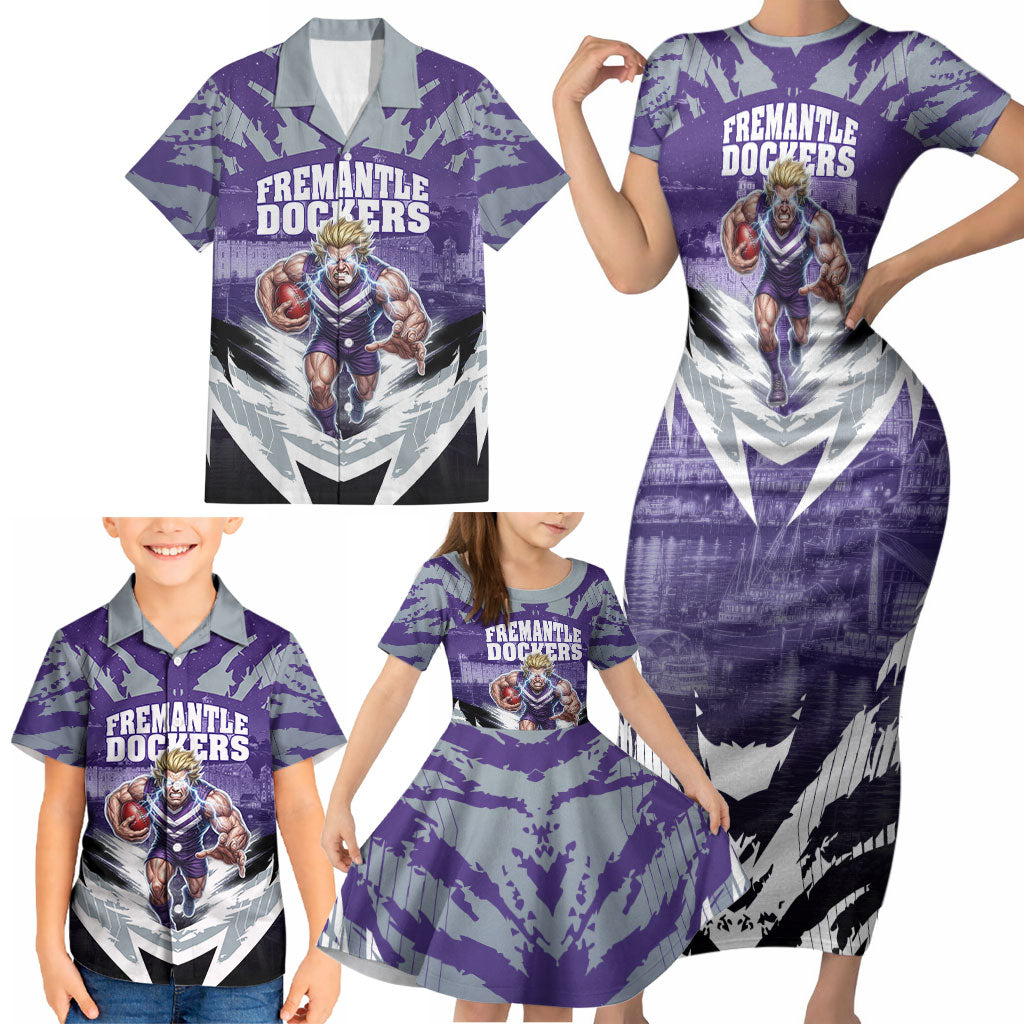 Personalised Fremantle Dockers Football Family Matching Short Sleeve Bodycon Dress and Hawaiian Shirt Anime Warrior Manga Style Lightning Bolt Cityscape