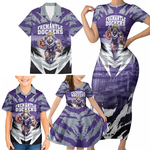 Personalised Fremantle Dockers Football Family Matching Short Sleeve Bodycon Dress and Hawaiian Shirt Anime Warrior Manga Style Lightning Bolt Cityscape