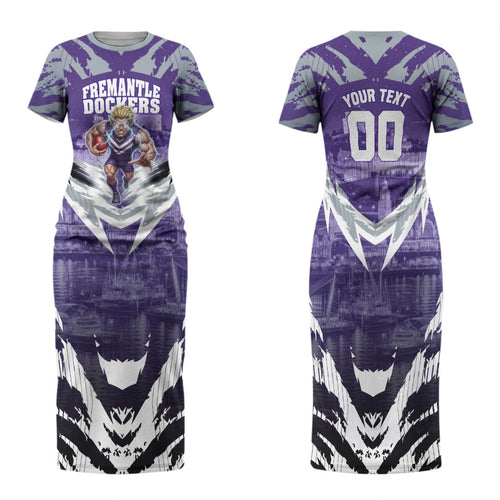 Personalised Fremantle Dockers Football Family Matching Short Sleeve Bodycon Dress and Hawaiian Shirt Anime Warrior Manga Style Lightning Bolt Cityscape