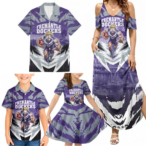 Personalised Fremantle Dockers Football Family Matching Summer Maxi Dress and Hawaiian Shirt Anime Warrior Manga Style Lightning Bolt Cityscape