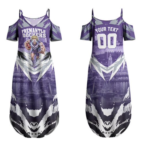 Personalised Fremantle Dockers Football Family Matching Summer Maxi Dress and Hawaiian Shirt Anime Warrior Manga Style Lightning Bolt Cityscape