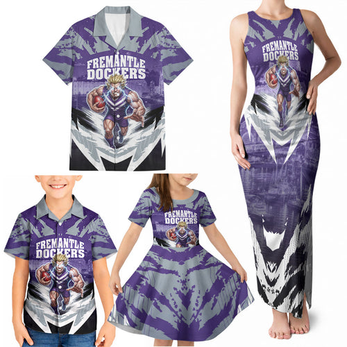 Personalised Fremantle Dockers Football Family Matching Tank Maxi Dress and Hawaiian Shirt Anime Warrior Manga Style Lightning Bolt Cityscape