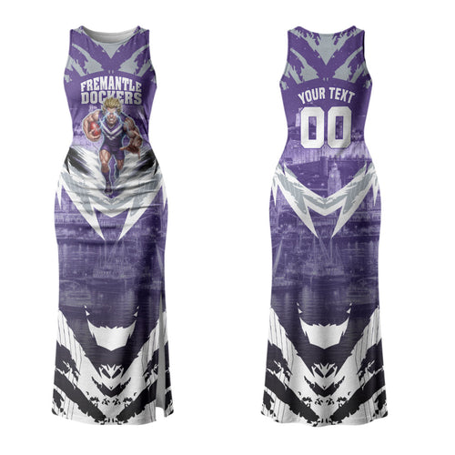 Personalised Fremantle Dockers Football Family Matching Tank Maxi Dress and Hawaiian Shirt Anime Warrior Manga Style Lightning Bolt Cityscape