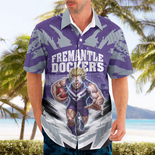 Personalised Fremantle Dockers Football Hawaiian Shirt Anime Warrior Manga Style Lightning Bolt Cityscape