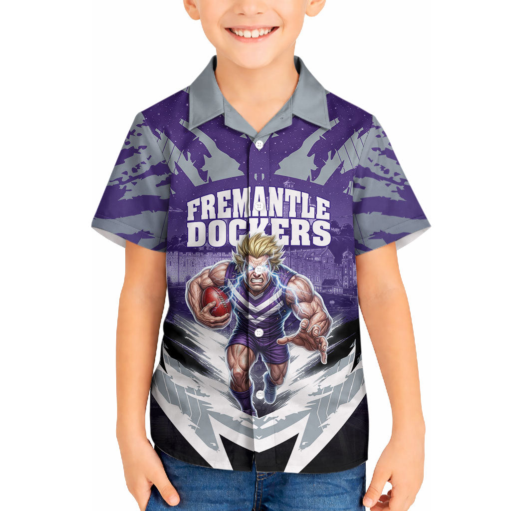 Personalised Fremantle Dockers Football Hawaiian Shirt Anime Warrior Manga Style Lightning Bolt Cityscape