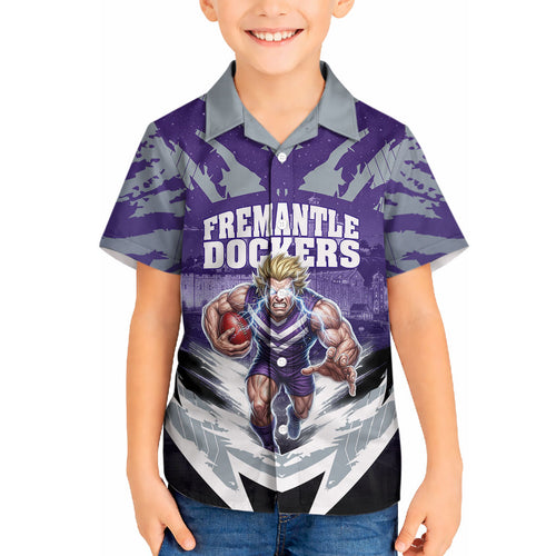 Personalised Fremantle Dockers Football Hawaiian Shirt Anime Warrior Manga Style Lightning Bolt Cityscape