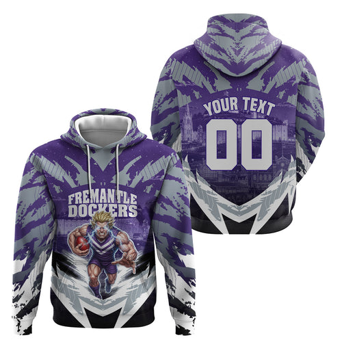 Personalised Fremantle Dockers Football Hoodie Anime Warrior Manga Style Lightning Bolt Cityscape