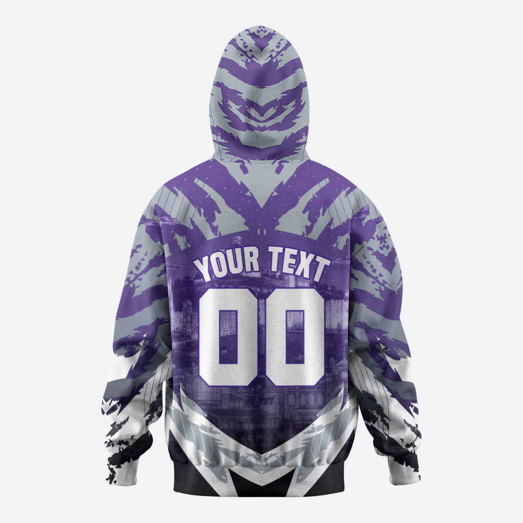 Personalised Fremantle Dockers Football Hoodie Anime Warrior Manga Style Lightning Bolt Cityscape