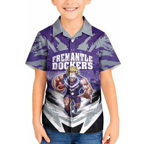 Personalised Fremantle Dockers Football Kid Hawaiian Shirt Anime Warrior Manga Style Lightning Bolt Cityscape