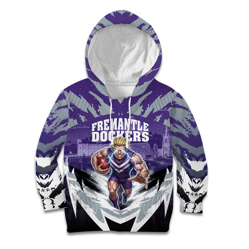 Personalised Fremantle Dockers Football Kid Hoodie Anime Warrior Manga Style Lightning Bolt Cityscape