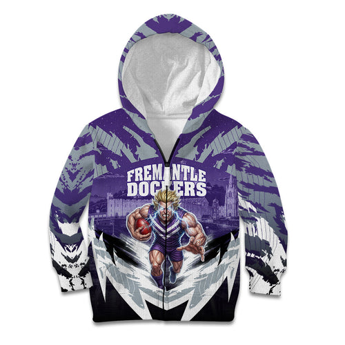 Personalised Fremantle Dockers Football Kid Hoodie Anime Warrior Manga Style Lightning Bolt Cityscape