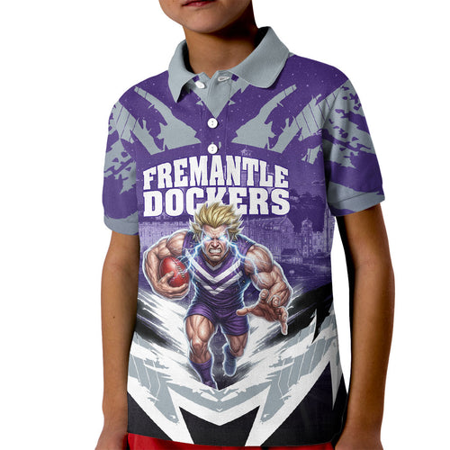Personalised Fremantle Dockers Football Kid Polo Shirt Anime Warrior Manga Style Lightning Bolt Cityscape