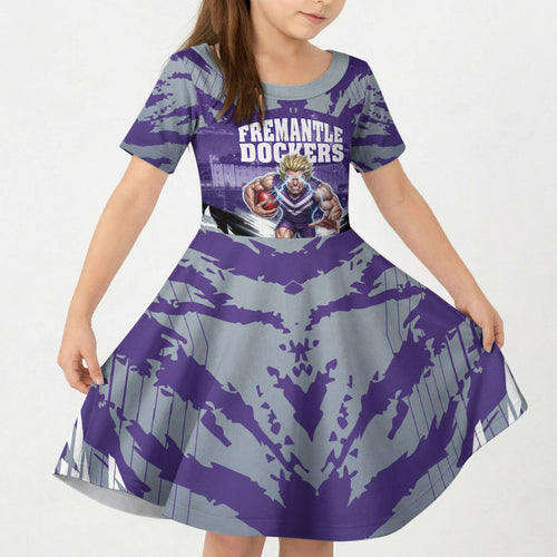 Personalised Fremantle Dockers Football Kid Short Sleeve Dress Anime Warrior Manga Style Lightning Bolt Cityscape