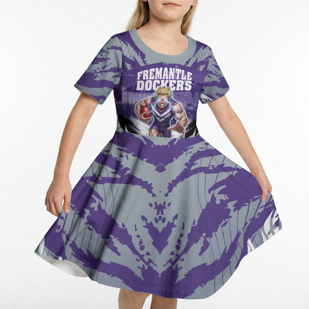 Personalised Fremantle Dockers Football Kid Short Sleeve Dress Anime Warrior Manga Style Lightning Bolt Cityscape