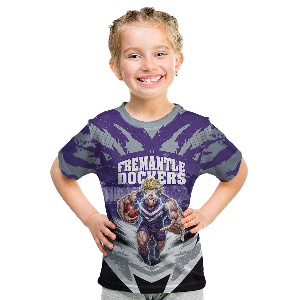 Personalised Fremantle Dockers Football Kid T Shirt Anime Warrior Manga Style Lightning Bolt Cityscape