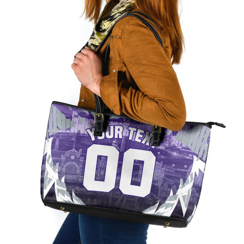 Personalised Fremantle Dockers Football Leather Tote Bag Anime Warrior Manga Style Lightning Bolt Cityscape
