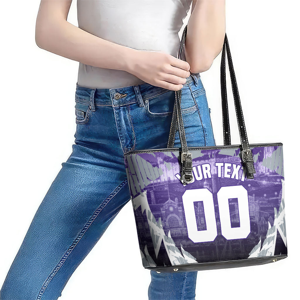 Personalised Fremantle Dockers Football Leather Tote Bag Anime Warrior Manga Style Lightning Bolt Cityscape