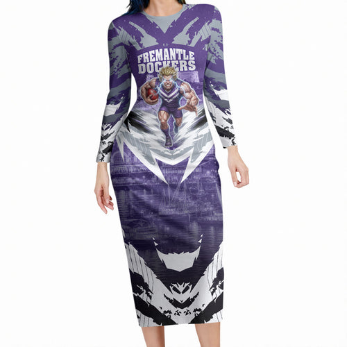 Personalised Fremantle Dockers Football Long Sleeve Bodycon Dress Anime Warrior Manga Style Lightning Bolt Cityscape
