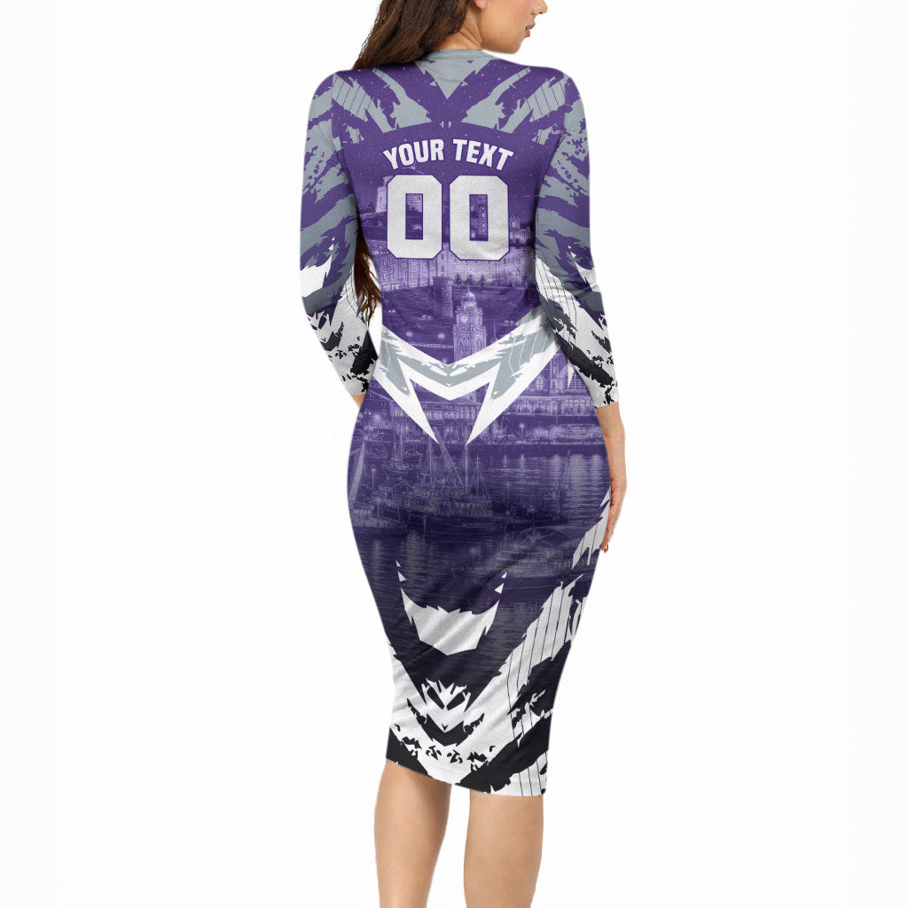 Personalised Fremantle Dockers Football Long Sleeve Bodycon Dress Anime Warrior Manga Style Lightning Bolt Cityscape