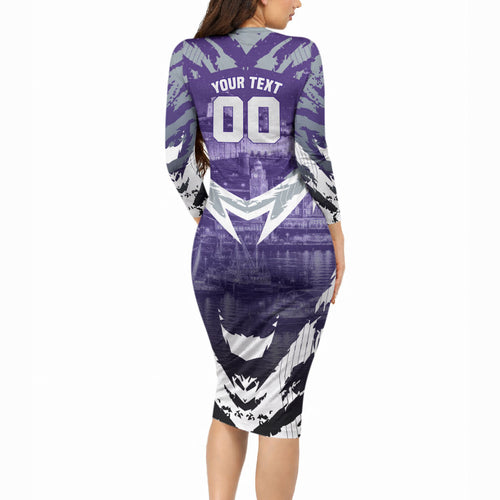 Personalised Fremantle Dockers Football Long Sleeve Bodycon Dress Anime Warrior Manga Style Lightning Bolt Cityscape