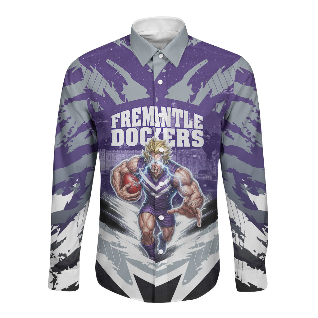 Personalised Fremantle Dockers Football Long Sleeve Button Shirt Anime Warrior Manga Style Lightning Bolt Cityscape