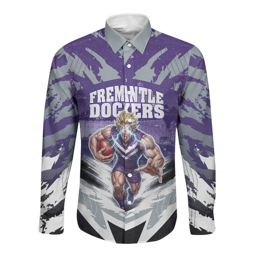 Personalised Fremantle Dockers Football Long Sleeve Button Shirt Anime Warrior Manga Style Lightning Bolt Cityscape