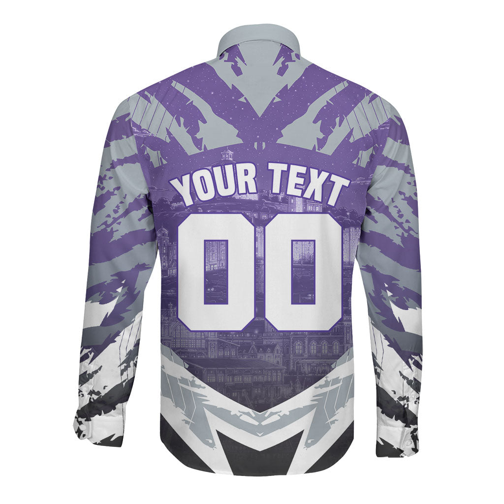 Personalised Fremantle Dockers Football Long Sleeve Button Shirt Anime Warrior Manga Style Lightning Bolt Cityscape