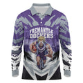 Personalised Fremantle Dockers Football Long Sleeve Polo Shirt Anime Warrior Manga Style Lightning Bolt Cityscape