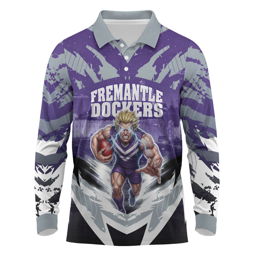 Personalised Fremantle Dockers Football Long Sleeve Polo Shirt Anime Warrior Manga Style Lightning Bolt Cityscape