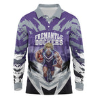 Personalised Fremantle Dockers Football Long Sleeve Polo Shirt Anime Warrior Manga Style Lightning Bolt Cityscape