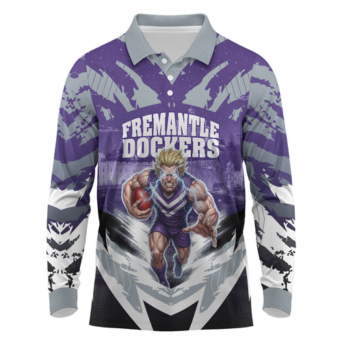 Personalised Fremantle Dockers Football Long Sleeve Polo Shirt Anime Warrior Manga Style Lightning Bolt Cityscape