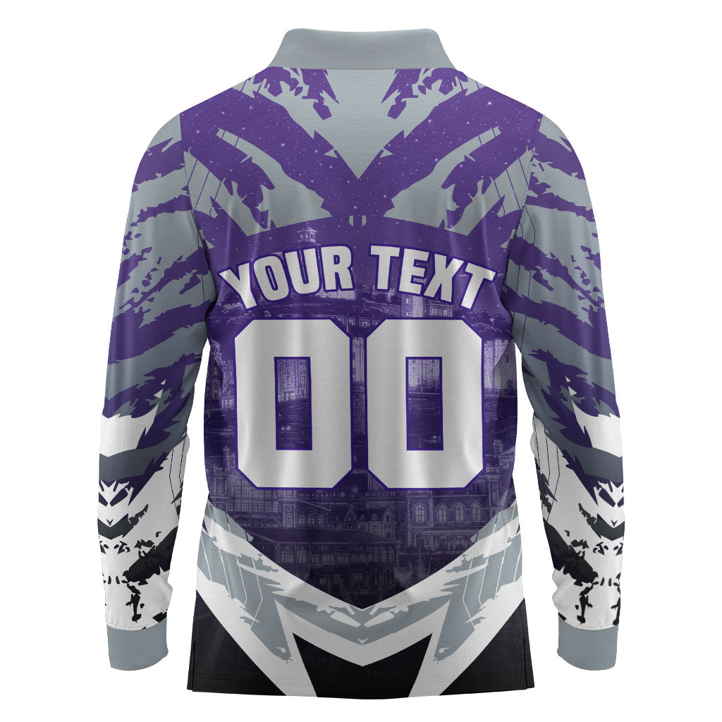 Personalised Fremantle Dockers Football Long Sleeve Polo Shirt Anime Warrior Manga Style Lightning Bolt Cityscape