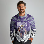 Personalised Fremantle Dockers Football Long Sleeve Polo Shirt Anime Warrior Manga Style Lightning Bolt Cityscape