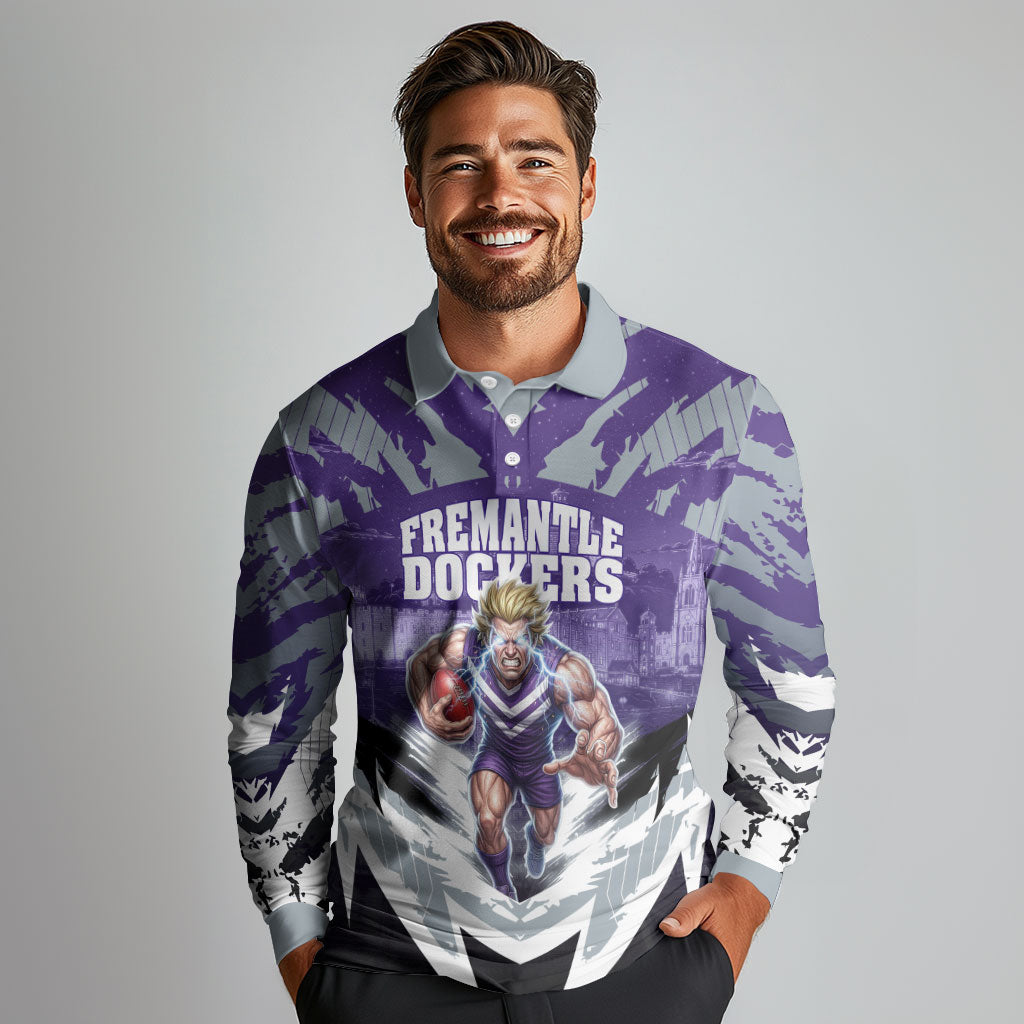 Personalised Fremantle Dockers Football Long Sleeve Polo Shirt Anime Warrior Manga Style Lightning Bolt Cityscape