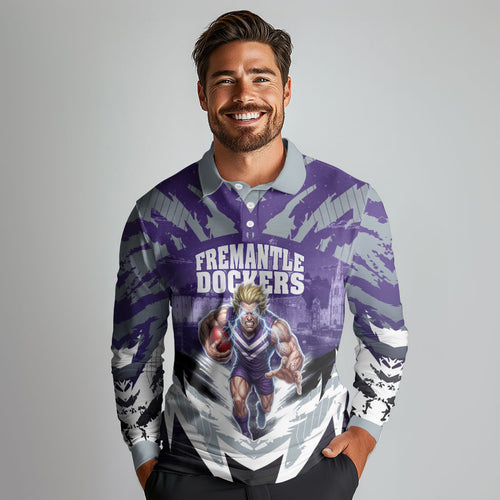 Personalised Fremantle Dockers Football Long Sleeve Polo Shirt Anime Warrior Manga Style Lightning Bolt Cityscape