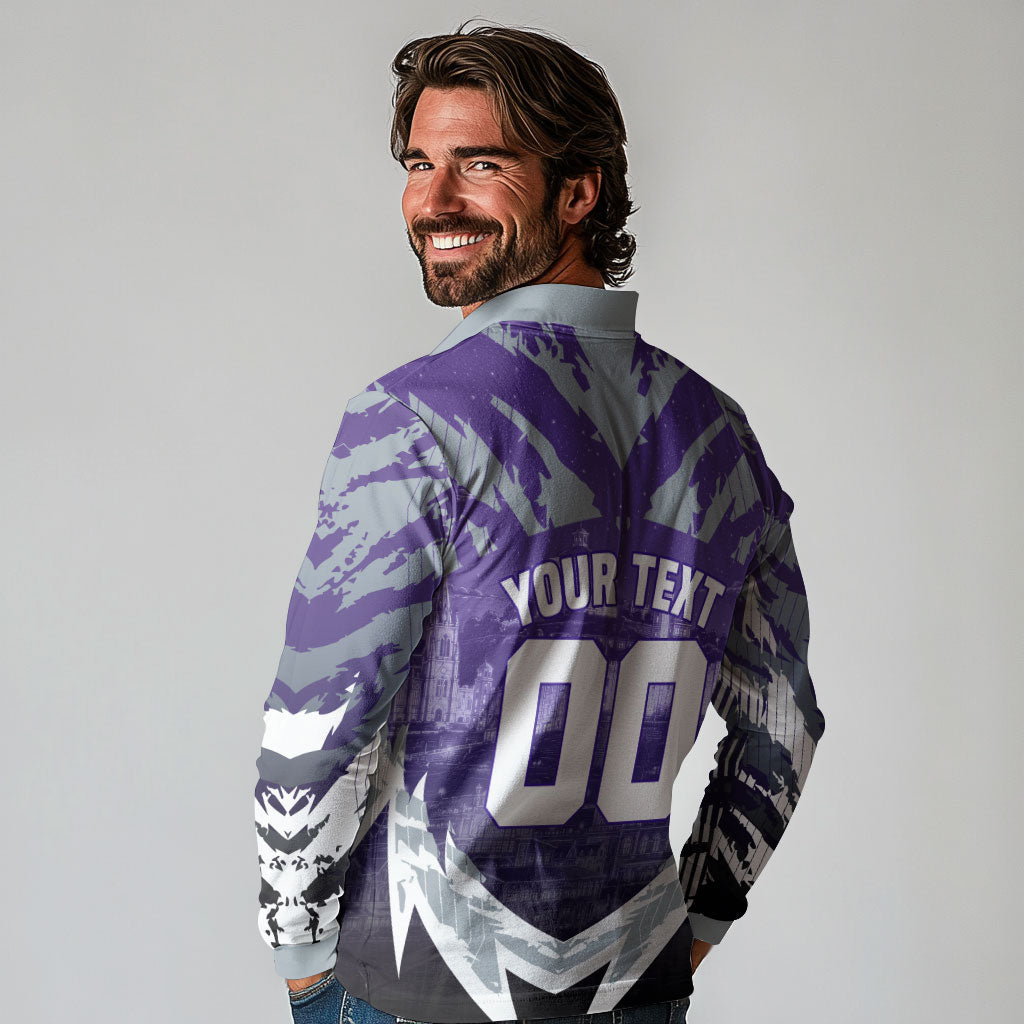 Personalised Fremantle Dockers Football Long Sleeve Polo Shirt Anime Warrior Manga Style Lightning Bolt Cityscape